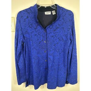 VTG Chico's Travelers Floral Tunic Top Womens L Blue Slinky Acetate Party Office
